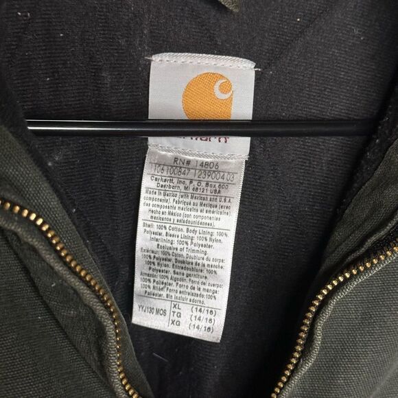 VTG Carhartt J130 Moss Green Zip Up Hooded Work Jacket Size XL 14/16 Youth - Picture 5 of 5